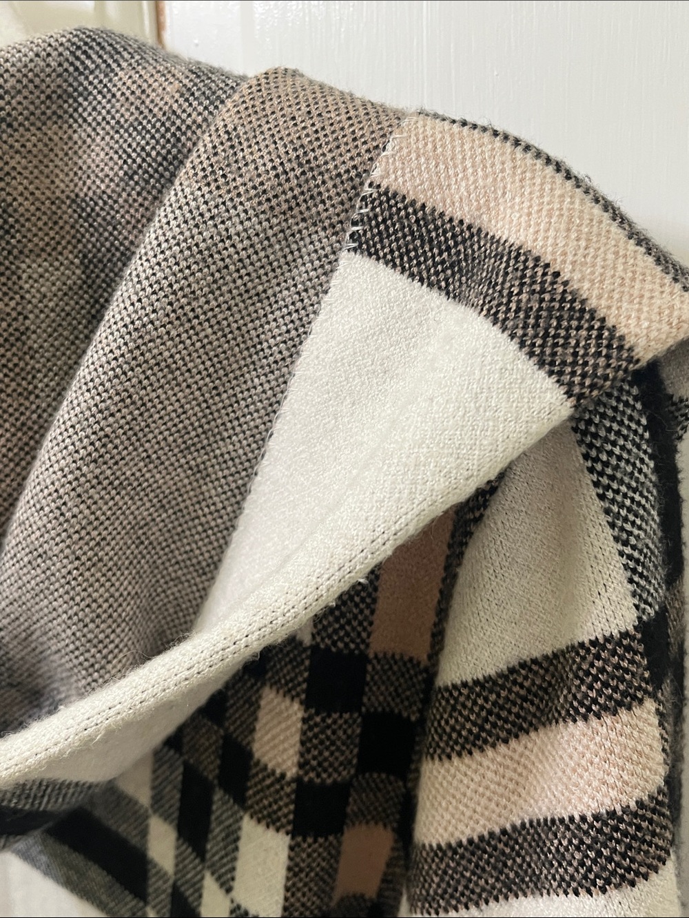Christian Siriano Plaid Hooded Wrap Sweater Coat - Cream, Gray, Black, Brown - Picture 12 of 14